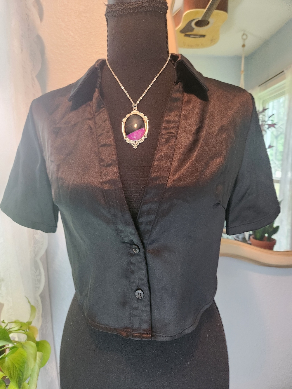 Tiger Mist Black Satin Feel Short Sleeve Button Down Crop Top